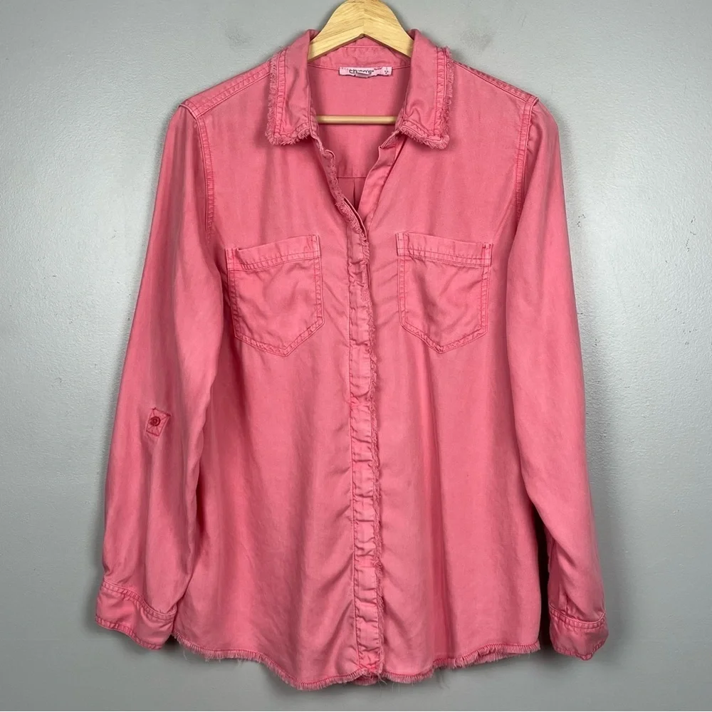 Chico’s pink 100% Lyocell fringed trim button front roll tab shirt, size 8. - Picture 3 of 11
